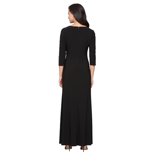 Image of S.L. Fashions Women's Long Length Ruched Waist Formal Evening Dress with Beaded Illusion Sleeves (Petite and Regular Sizes)