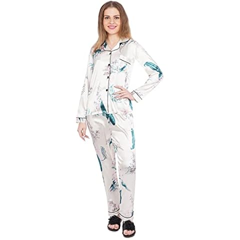 Crocon Women Satin Silk 2 pcs Printed Night Suit Sleepwear Pajamas Set Long Sleeve Pjs Loungewear (Leaf Print-M) Off White Cover