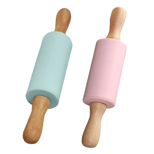 KOMUNJ Lot de 2 mini rouleaux à pâtisserie en silicone pour enfants avec manche en bois pour gâteaux, pizzas, fondants, cookies (vert + rose)