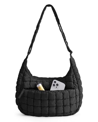 bagsmart Umhängetasche Damen Crossbody Bag Puffer Tasche Moon Bag mit Verstellbarem Schultergurt Gesteppte Schultertasche für Arbeit Uni Reisen Alltag Schwarz M