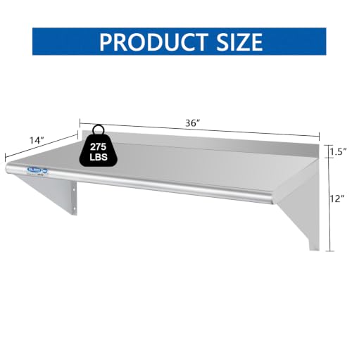 Image of HARDURA Stainless Steel Shelf 14 inch x 36 inch, 275lb Commercial Shelves Wall Mount Metal Shelving with Backsplash and Brackets for Kitchen, Restaurant, Laundry Room and Home