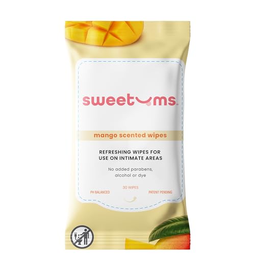 Sweetums Mango Scented Daily Feminine Wipes for Women pH Balanced Unflavored Intimate Wipes Water-Based Aloe-Infused Gentle on Sensitive Skin Vegan No Alcohol or Dyes Travel-Friendly - 30ct
