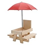 VIKKSAER Squirrel Feeder Table W/Umbrella, Wooden Picnic Table Feeder W/Corn Cob Holder for Squirrels, Squirrel & Chipmunk Gifts for Squirrel Lovers, Pine Wood Food Holder Station