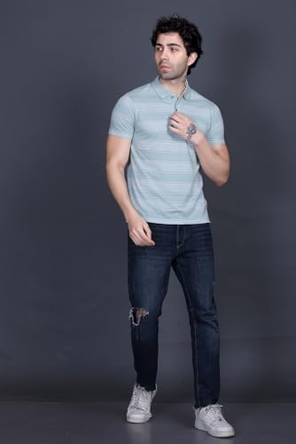 Image of GODFREY Striped Tshirt Shirts Men Cotton Polo T Shirt for Man with Pocket - Regular Fit Half Sleeve Collar T Shirts for Men