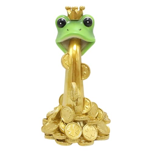 Estatua de escritorio de rana | Figuras de rana de resina | Decoración de monedas doradas de resina para macetas al aire libre