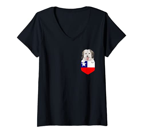 Womens Chile Flag Coton de Tulear Dog In Pocket V-Neck T-Shirt, Black