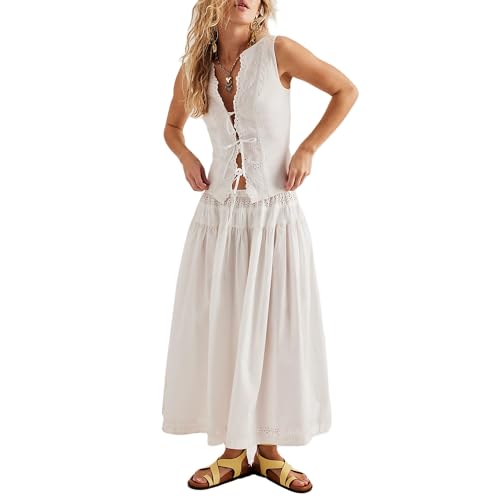 Y2k Eyelet Set for Women Embroidered Ruffle V Neck Lace Up Vest Top Elastic Waist Maxi Skirt Set Vacation Streetwear