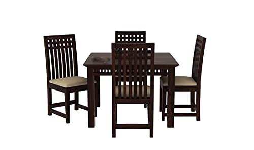 Image of Solid Sheesham Wood 4 Seater Dining Table Set with Cushioned Chairs for Dining Room | Living Room | Home & Office | Hotels Restaurant & Cafe (4 Seater, C-Walnut)