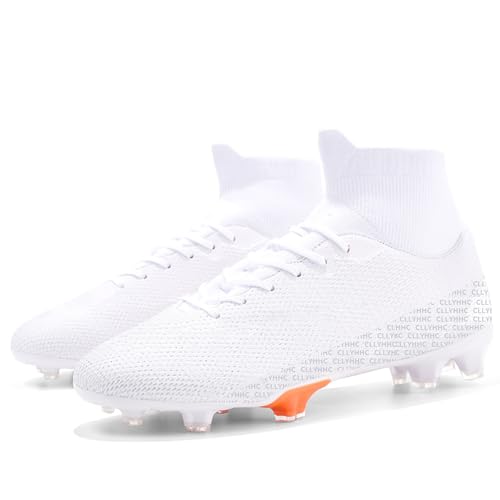 CLLYHHC Mens Soccer Cleats Lightweight Football Boots Breathable Professional Sneaker Sport Athletic Ground Shoes White EU 43