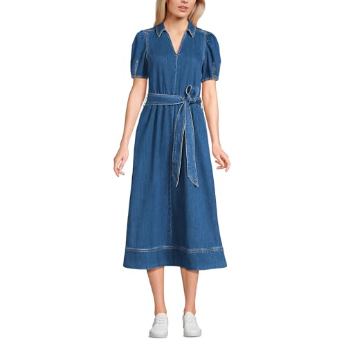 Lands' End Women's Soft Denim Puff Sleeve Midi Dress