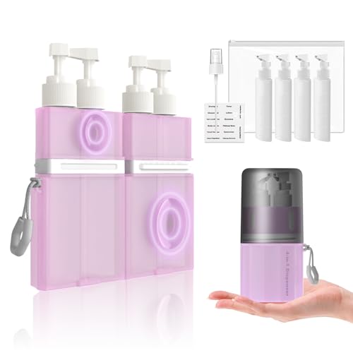 4 in 1 Travel Toiletry Containers,TSA Approved Refillable Travel Size Toiletries Bottles Set with Suction Cup for Smooth Walls - for Shampoo,Conditioner,Body Wash,Lotion.(Pink)