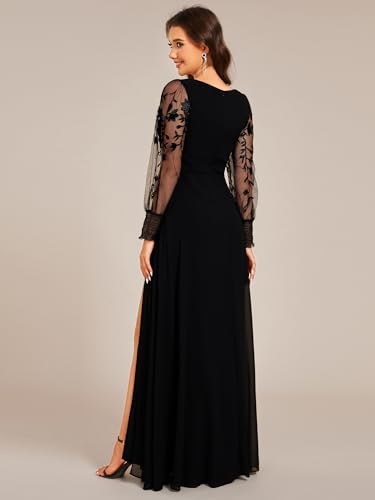 Ever-Pretty Women's Elegant V Neck Floral Sheer Long Sleeves Slit Chiffon Maxi Evening Dresses 022512