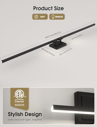 Image of VOLISUN Modern Bathroom Vanity Light 55 inch, Rotatable, 36W Dimmable 5CCT Led Bathroom Light Fixture Over Mirror, Black Bar Vanity Light for Bathroom Mirror Cabinets-ETL Certificated