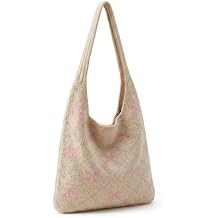 Boho Crochet Tote Bag for Women, Knitted Shoulder Handbag with Bow Detail, Woven Beach Tote Purse for Travel, Shopping, Vacation, Beige