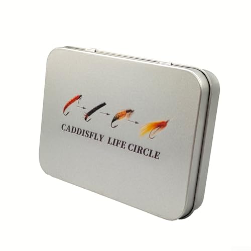 Dolvitrny Caja de moscas Caddis prémium para ninfas y moscas secas, organizador de aparejos de pesca con forro de espuma con diseño de ciclo de vida, 118 x 88 x 22,5 mm, estuche de almacenamiento para
