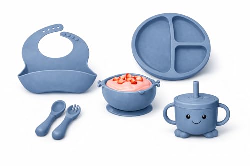 Image of SJC Global - 6 PCS (Blue) Silicone Toddler Adjustable Tableware Set | Suction Bowl, Plate, Spoon, Fork, Bib & Cup for Babies | Silicone Baby Feeding Kit for Infants | BPA Free Food Grade