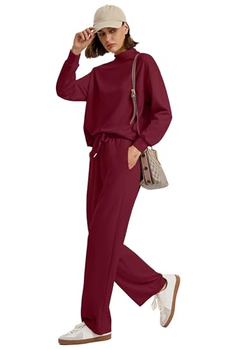 Image of WIHOLL Two Piece Sets for Women Fall Outfits Lounge Sets Mock Neck Tops Wide Leg Pants Vacation Travel Airport Outfits