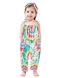 Lindanina Toddler Baby Girls Romper Tie Dye Sleeveless Jumpsuit Summer Cute Clothes Adjustable Tie-Up Strap 12-24 Months Infant One Piece Soft Casual Outfits with Pocket Headband Daily Wear