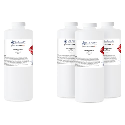 Lab Alley Ethyl Acetate 99.5% ACS Grade, Highest Purity Solvent Suitable for Food and Pharmaceutical Applications - 1 Gallon Total (Pack of 4 x 1 Quart Bottles)