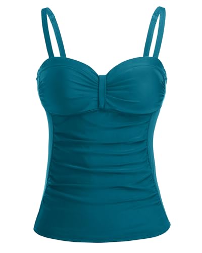 Image of Women's Underwire Tummy Control Swimsuit Top Push Up Bathing Suit Top | Unremovable Bra, Adjustable Straps, Full Lining, Shirred Bust, Side-Splicing Design, Criss-Cross Back