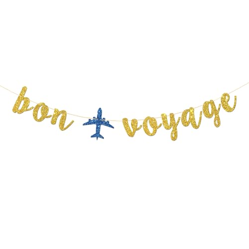 Bon Voyage Banner - Travel Theme Party Bunting Supplies - The Adventure Begin - Job Change - Retirement - Moving - Farewell Party Decorations - Gold Glitter