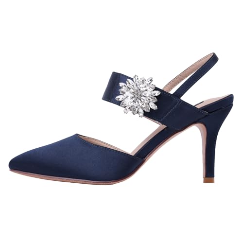 Image of ERIJUNOR Mid Heel Shoes for Women Pointed Toe Slingback Rhinestone Brooch Satin Dress Pumps Evening Prom Wedding Shoes