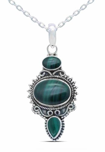 mantraroma echt Silberkette mit Malachit grüner Edelstein Damen Kettenanhänger 925 Sterlingsilber Halskette Geschenk (AK1-076-10-40)