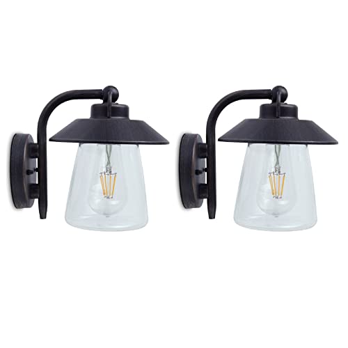 2 Pack - Matt Black Rust & Clear Glass Outdoor Vintage Swan Neck Down Lantern Wall Light | IP44 Exterior Rated | 20cm Height | 1 x ES E27 Lamp Bulb Required | Garden - Patio - Driveway | UK Approved