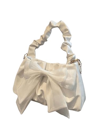 Verdusa Women's Coquette Ruched Bow Bag Y2K Top Handle Leather Shoulder Handbags with Chain
