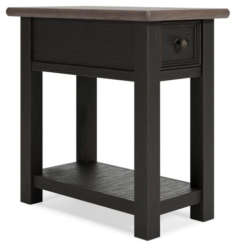 Image of Signature Design by Ashley Narrow Chairside End Table with Charging Station | Smooth-gliding remote drawer, Lower display shelf, Rustic 2-tone finish, Tyler Creek Series