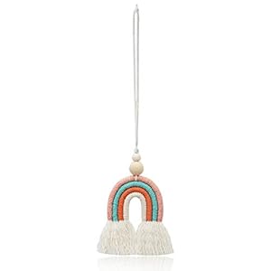Rainbow with Wood Bead Decorations Wall Décor Hanging Colorful Handmade Weaving Car Ornament Modern Home Decoration Accessories Hanging Pendant for Bedroom Nursery Baby Kids Rooms (A-Pink)