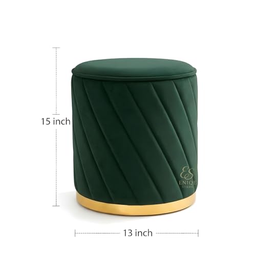 Image of Premium Velvet Ottoman Stool | Modern Round Pouffe with Gold Base | Multipurpose Seating | Living Room & Bedroom Decor (Green Set of 2)