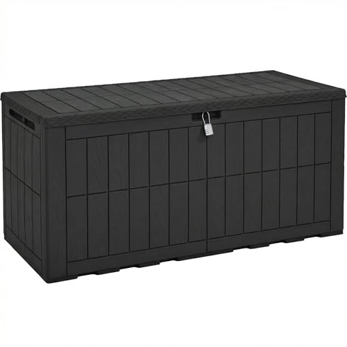 YITAHOME Outdoor Storage Box, 120 Gallon Waterproof Deck Box for Garden Tools, Patio Cushions, and Pool Accessories, Lockable, Easy Assembly, Versatile Bench or Table (Black)