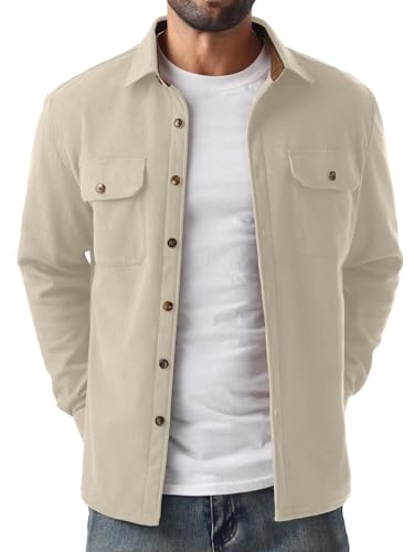 QIXING Herren Fleece Cordhemd Langarm Button Down Freizeithemd Regular Fit Hemdjacke Herbst Winter Mantel mit Klappentaschen (Beige, L) QIXING Herren Fleece Cordhemd Langarm Button Down Freizeithemd Regular Fit Hemdjacke Herbst Winter Mantel mit Klappentaschen (Beige, L)