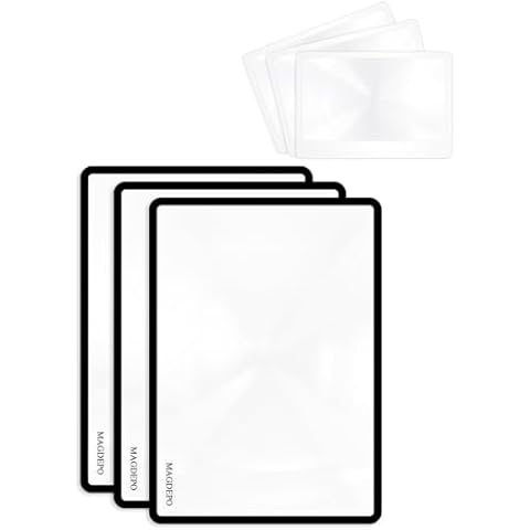 MAGDEPO 3X Magnifying Sheet 3 Pack Plastic Lightweight Page Lens + 3 Card Magnifying Lenses Suitable for Reading Small Patterns, Texts, Prints, Newspapers, Menu, Maps, and Books Cover