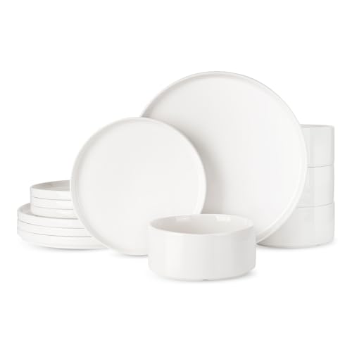 Famiware Porcelain Dinnerware Set, 12-Piece Modern Plate and Bowl Set, Dish Set for 4, Microwave and Dishwasher Safe Tableware, White