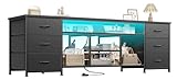 Furologee Black Dresser TV Stand for 55, 65, 70 inch TV, 63 Inch Entertainment Center with LED Lights & Charging Station, TV Stand with 6 Fabric Drawers and Open Shelves for Living Room