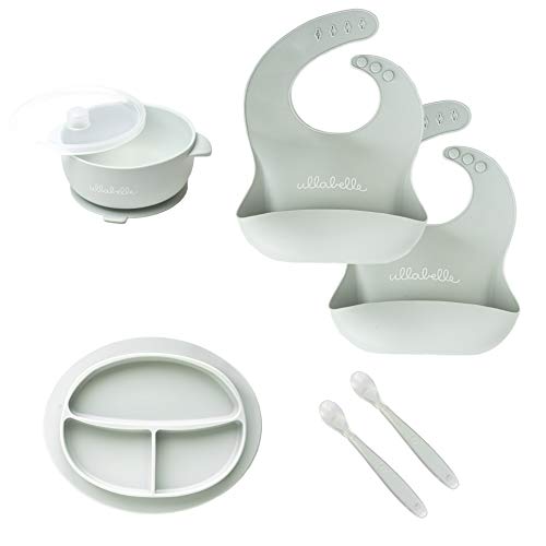 Ullabelle 7 Piece Complete Baby Feeding Set w/Bonus Storage Lid: 2 Silicone Bibs, 1 Strong Suction Divided Plate, 1 Strong Suction Bowl with Lid & 2 Spoon Set (Sage)