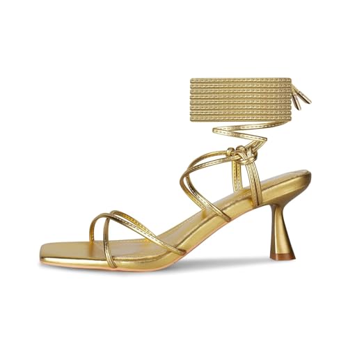 Image of ISNOM Strappy Sandals for Women Kitten Heels Lace Up Heels Stiletto Heels Wrap Around Heels with Square Toe