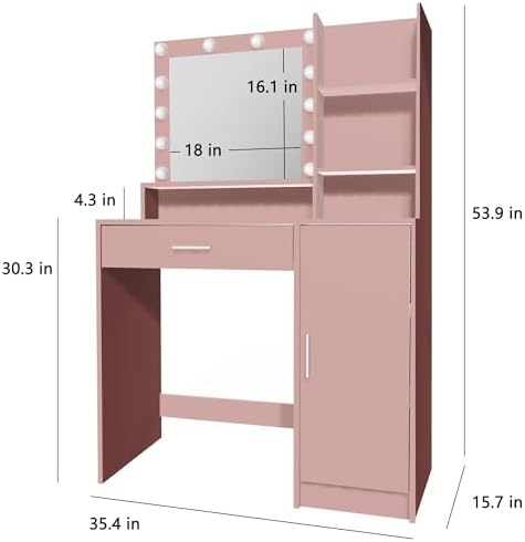 Palimder Vanity Desk with Mirror and Light, Large Drawer and Three Level Storage Dresser, 3 Lighting Modes Adjustable Brightness, Bedroom Dressing Table (Pink)