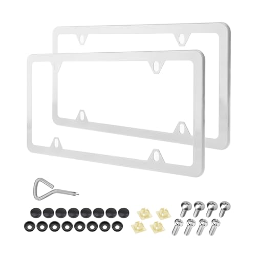 Image of Osilly Car License Plate Frames, 2 Pack 4 Holes Stainless Steel Car Tag Holder, Universal US Standard, Slim Design Rust-Proof License Plate Covers with Screw Caps, Automotive Accessories (Silver)