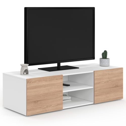 IDMarket - Meuble TV 113 cm ELI Blanc Portes façon hêtre