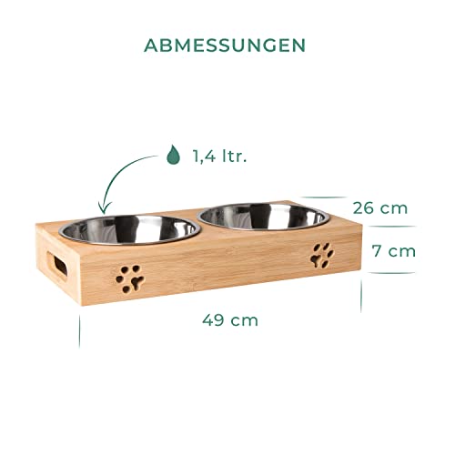 LAUBLUST Futterstation für Haustiere - Größe XL - Bambus, 2 Edelstahl Fressnäpfe | Futternapf Hunde & Katzen
