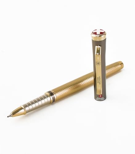 Image of SWISS MILITARY INNOVA Smooth Writing Metal Body Roller Pen with 0.5mm NSTC Blue Poly Jotter Refill, 2000-2200m Writing Length, Best Gift Men & Women, Professional, Executive Office-Body Black /Gold
