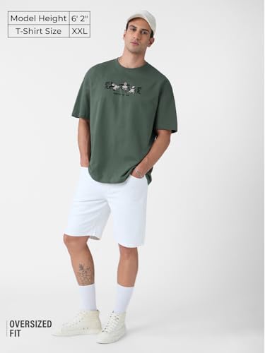 Image of The Souled Store Official Kung Fu Panda: Master Men and Boys Short Sleeves Round Neck Green Embroidered Cotton Oversized T-Shirts