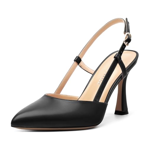 Kitten Heels Slingbacks Closed Pointed Toe Black Pumps Adjustable Strap Buckle Heels Sandals 3.15inch for Women