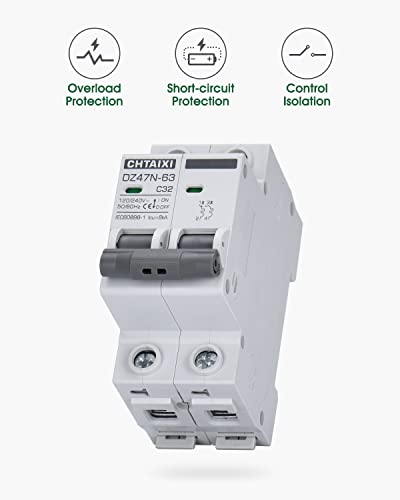 Chtaixi Ac Miniature Circuit Breaker, 32 Amp 120V/240V 2 Pole Din Rail Mount Circuit Breaker, Thermal Magnetic Trip, Solar Ac Disconnect Switch Mcb C32 #TOP2