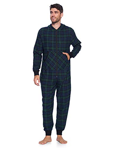 Ashford & Brooks Mens Flannel Hooded One Piece Pajama Union Jumpsuit Navy Blackwatch Plaid Medium