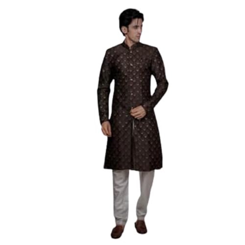 Image of Amzira Men's Soft Cotton Indo Western Kurta Pyjama Set with Mandarin Collared Neck Long Sleeves Button Closure and Solid Pant