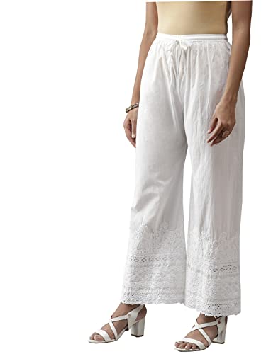 Ada Indian Hand Embroidered Chikankari White Cotton Palazzo Pant for Women A7111423